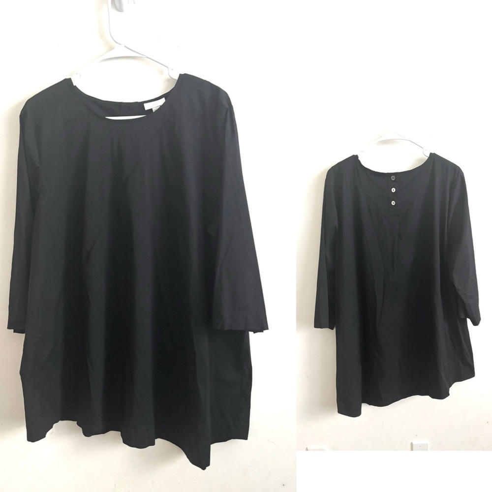 J Jill Tunic Women Asymmetrical Black 3/4 Sleeve XL Blouse Lagenlook Minimalist